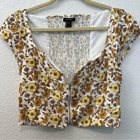 Forever 21 Yellow White Retro Floral Linen Blend Zip Crop Top- Size Large - Picture 9 of 16